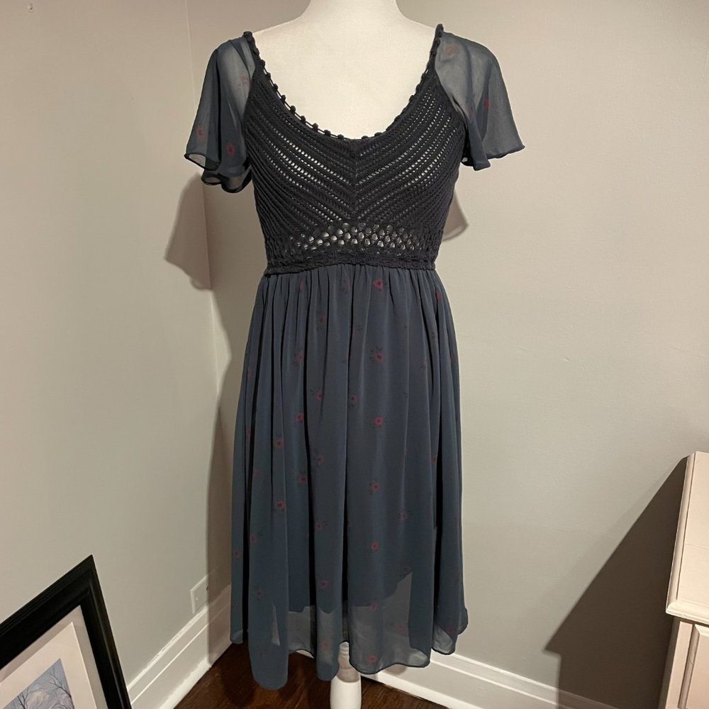 Free People Dark Green Crochet and Chiffon Floral Dress, Size Medium